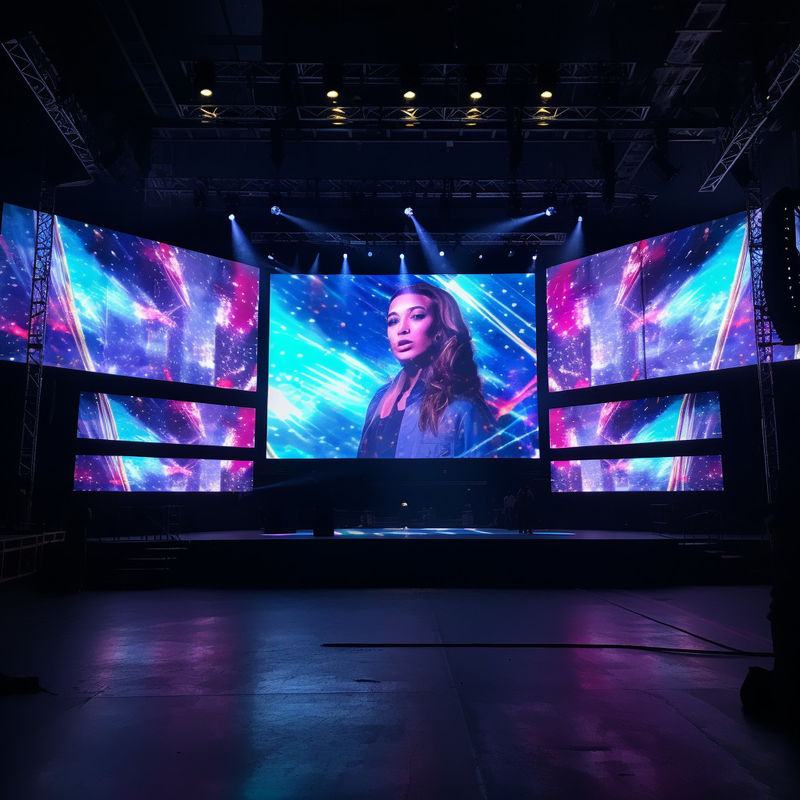 En el interior, el escenario LED Video Wall alquiler de pantallas visuales dinámicas